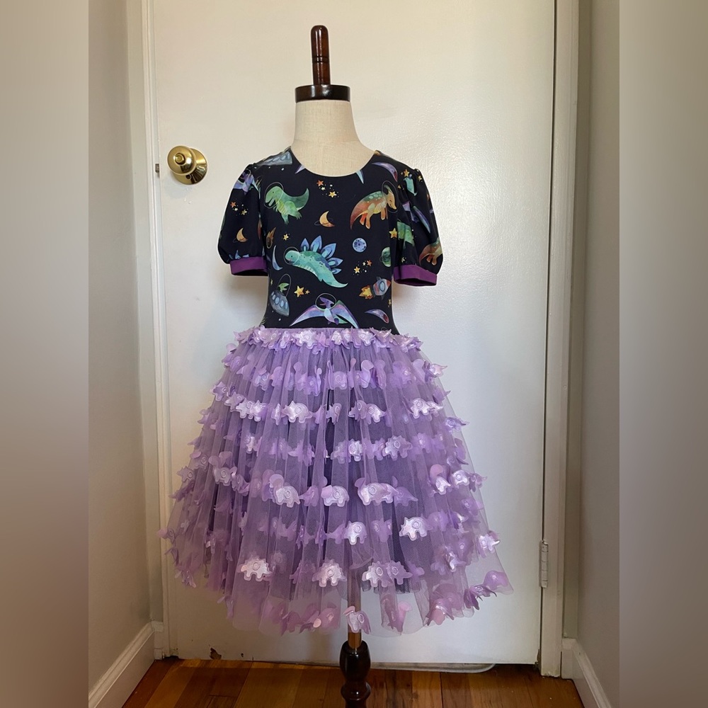 Girls' Space Dino Print Bodice with Lavender Dino Tulle Party Dress